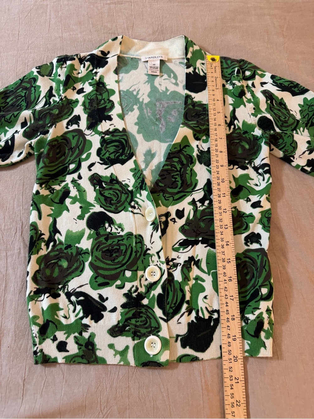 Harolds Green Rose Print 3 Button Cardigan Size XS Cotton Blend with Stretch - Picture 5 of 9